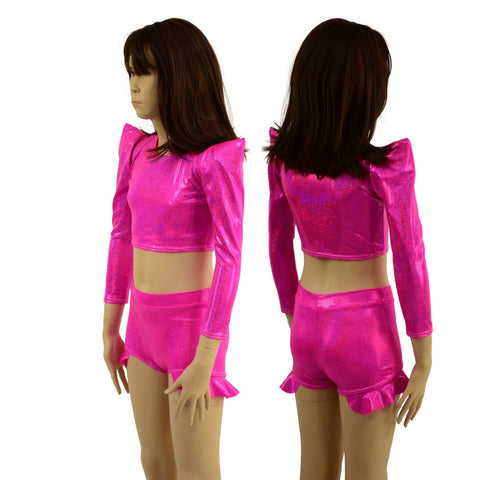 Girls High Waist Brief Cut Hip Ruffle Shorts and Sharp Shoulder Crop Top Set - Coquetry Clothing