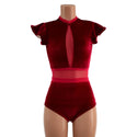 Red Velvet Romper with Inset Mesh Keyhole Neckline - 3