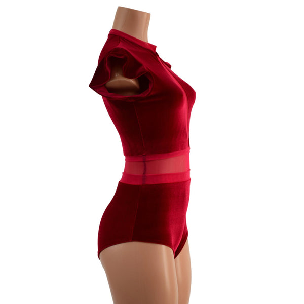 Red Velvet Romper with Inset Mesh Keyhole Neckline - 4