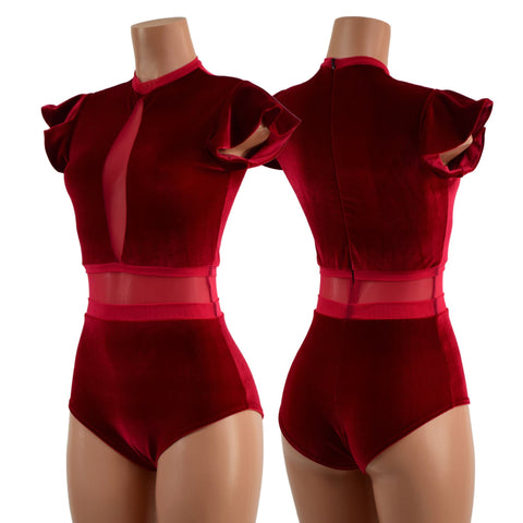 Red Velvet Romper with Inset Mesh Keyhole Neckline - Coquetry Clothing