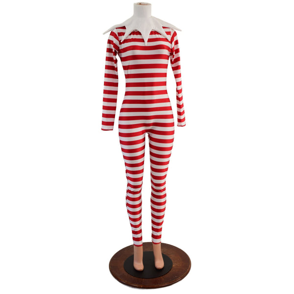2PC Elf Catsuit and Collar Set in Red and White Stripe - 4