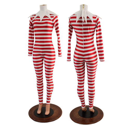 2PC Elf Catsuit and Collar Set in Red and White Stripe - Coquetry Clothing