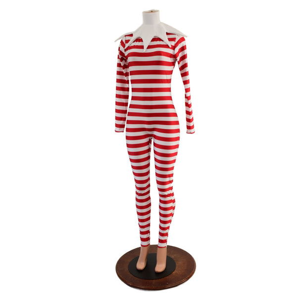 2PC Elf Catsuit and Collar Set in Red and White Stripe - 3