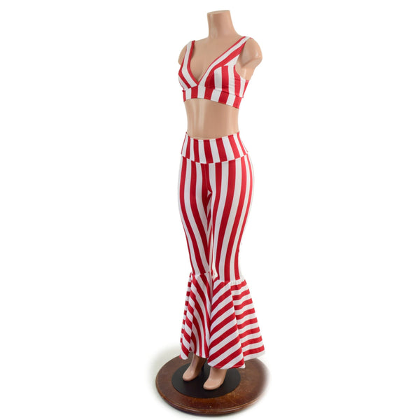 Red and White Striped High Waist Bell Bottom Flares and Starlette Bralette Set - 4