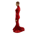 Red Sparkly Jewel Long Sleeve Puddle Train Gown with Keyhole - 4