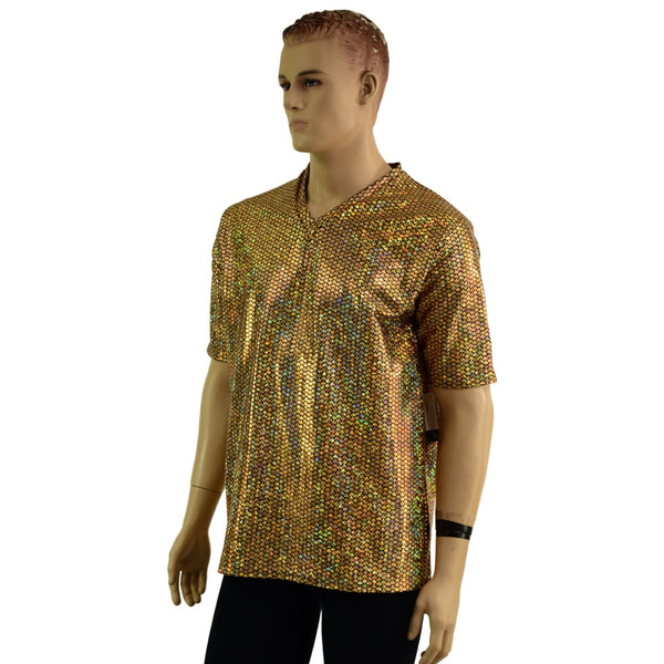 Mens Gold Fish Scale Tee Sleeve Shirt with V Neck - 4