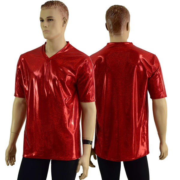 Mens Red Sparkly Jewel V Neck Shirt - 1