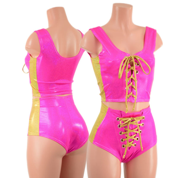 2PC Lace Up Side Panel Top & Siren Shorts Set - 1