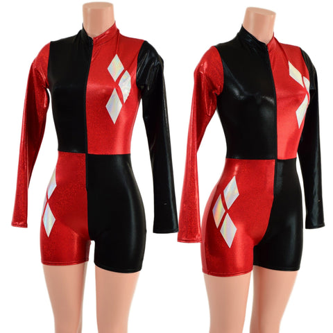 Red and Black Harlequin Romper with White Diamonds - Coquetry Clothing
