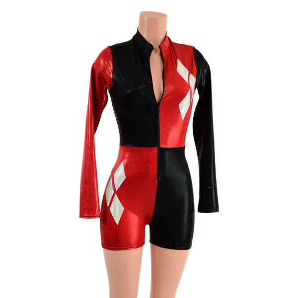 Red and Black Harlequin Romper with White Diamonds - 2