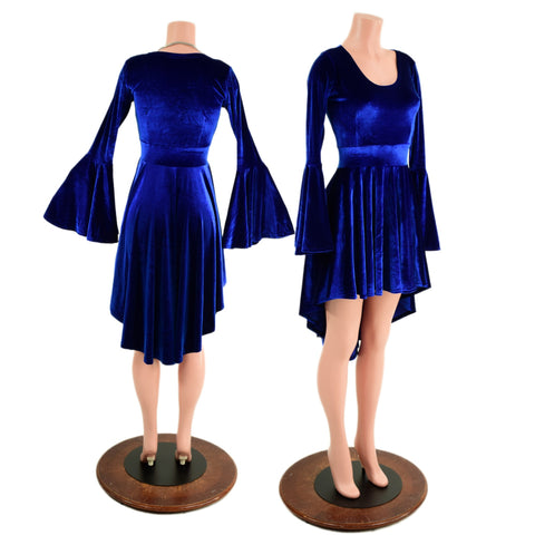 Sapphire Blue Velvet Hi-Lo Trumpet Sleeve Dress