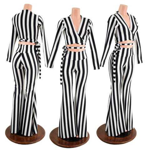 Black & White High Waist Solar Flares and Wrap & Tie Top Set Coquetry Clothing 