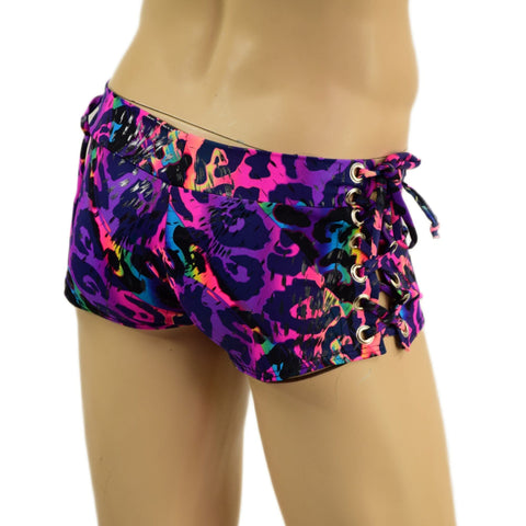 Mens Lowrise Laceup Aruba Shorts in Rainbow Leopard Print Coquetry Clothing 
