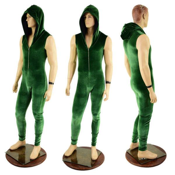 Mens Green Velvet Zipper Catsuit - 1