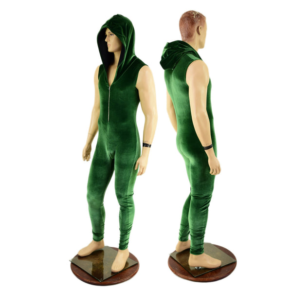 Mens Green Velvet Zipper Catsuit - 5