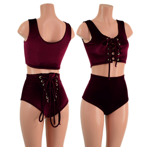 Burgundy Velvet Laceup Mini Crop and BACK laceup Siren Shorts Set