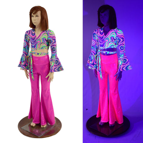 Girls Neon Pink Solar Flares & Glow Worm Wrap n Tie Top Set - Coquetry Clothing