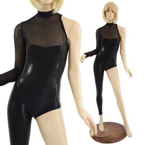 Ready to Ship Asymmetrical Black Mystique Catsuit with Mesh Neckline Small Coquetry Clothing 