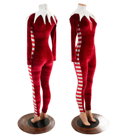 2PC Elf Catsuit and Collar Set in Red Velvet - Coquetry Clothing