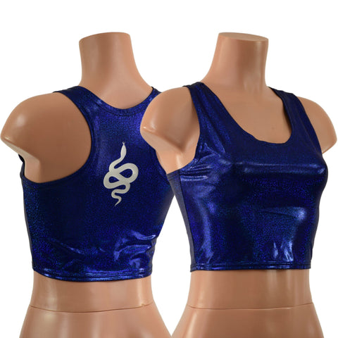 Blue Sparkly Jewel Racerback Crop with Silver Snake Vinyl - Coquetry Clothing