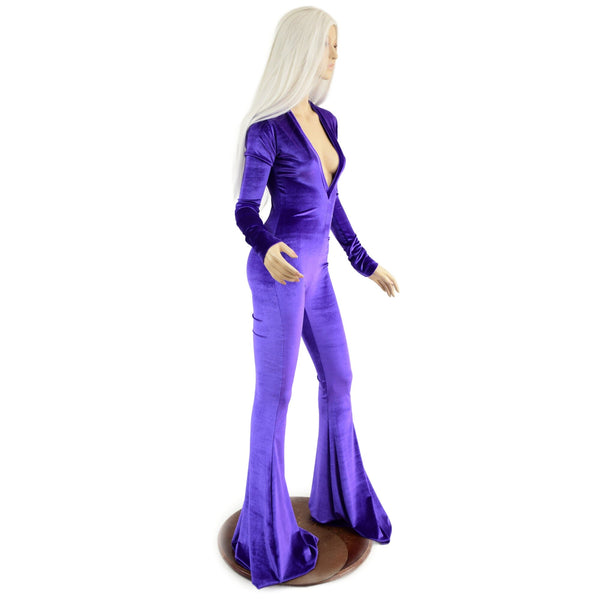 Purple Velvet Catsuit with Plunging V Neckline and Solar Flares - 4
