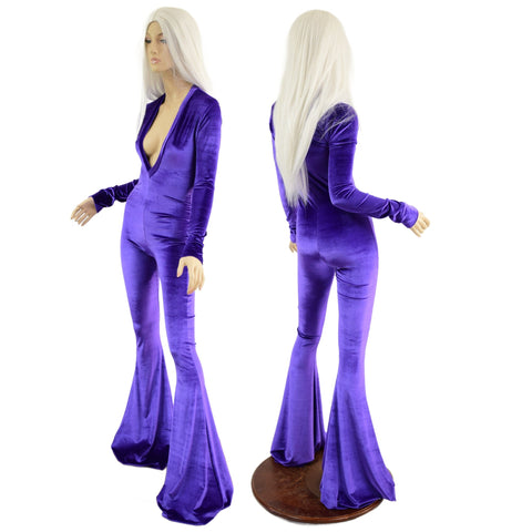 Purple Velvet Catsuit with Plunging V Neckline and Solar Flares - Coquetry Clothing