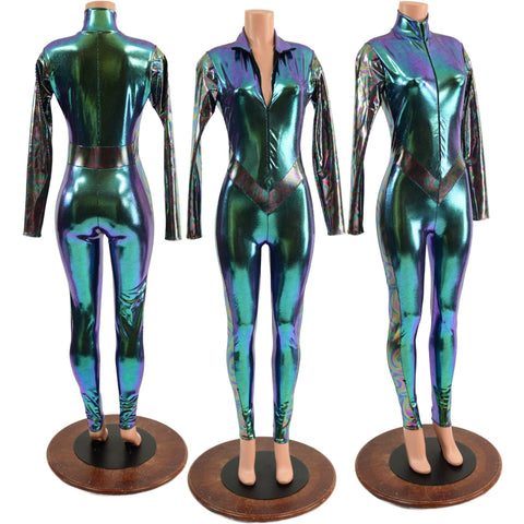 Scarab Catsuit with Oil Slick Side Panels, Long Sleeves and V Front - Coquetry Clothing