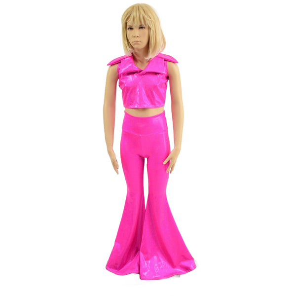 Girls Neon Pink Solar Flare Pants and Showtime Collar Sleeveless Crop Top Set - 2