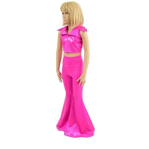 Girls Neon Pink Solar Flare Pants and Showtime Collar Sleeveless Crop Top Set - 3