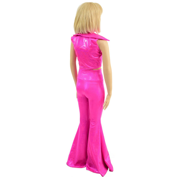 Girls Neon Pink Solar Flare Pants and Showtime Collar Sleeveless Crop Top Set - 4