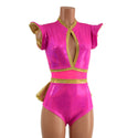 Pink Sparkly Jewel and Mesh Romper with Keyhole and Ruffle Rump - 2