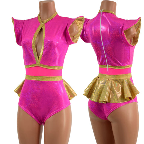 Pink Sparkly Jewel and Mesh Romper with Keyhole and Ruffle Rump - Coquetry Clothing