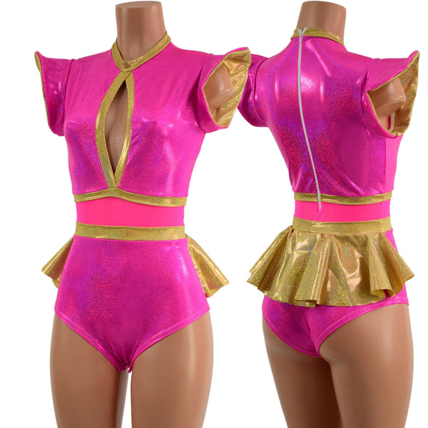 Pink Sparkly Jewel and Mesh Romper with Keyhole and Ruffle Rump - 1
