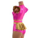 Pink Sparkly Jewel and Mesh Romper with Keyhole and Ruffle Rump - 5