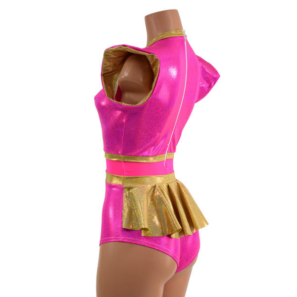 Pink Sparkly Jewel and Mesh Romper with Keyhole and Ruffle Rump - 5