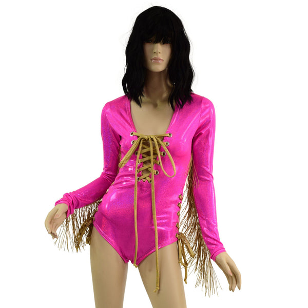 Lace Up Fringe Romper in Neon Pink and Gold - 1