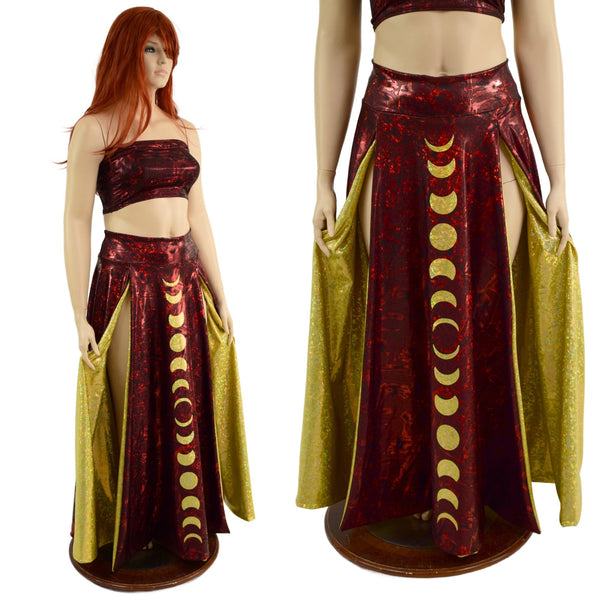 Primeval Red Double Split Skirt with Moon Phases and Gold Kaleidoscope Lining - 1