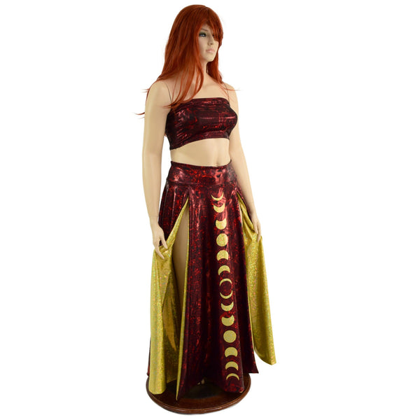 Primeval Red Double Split Skirt with Moon Phases and Gold Kaleidoscope Lining - 5