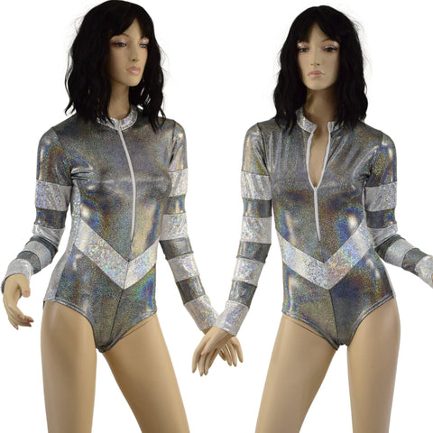 Silver Holographic V Front Color Blocked Stella Romper - Coquetry Clothing