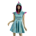Seafoam and Pink Dragon Hooded Skater Dress with Flip Sleeves - 2