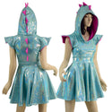 Seafoam and Pink Dragon Hooded Skater Dress with Flip Sleeves - 1