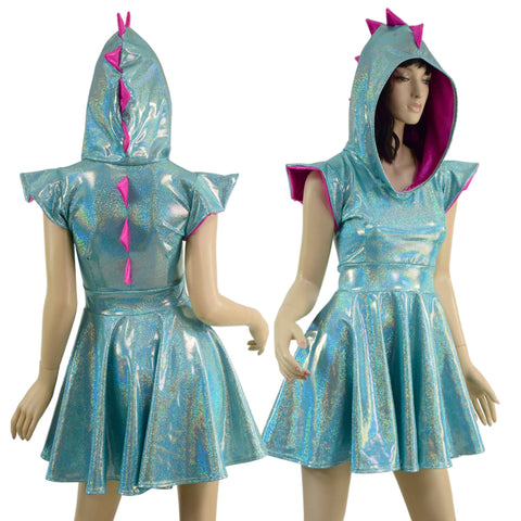 Seafoam and Pink Dragon Hooded Skater Dress with Flip Sleeves - Coquetry Clothing