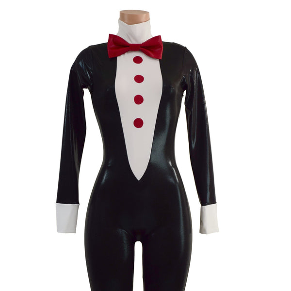 Mens or Womens Faux Tuxedo Catsuit with Red Buttons and Bow Tie - 2