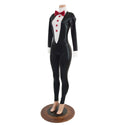 Mens or Womens Faux Tuxedo Catsuit with Red Buttons and Bow Tie - 6