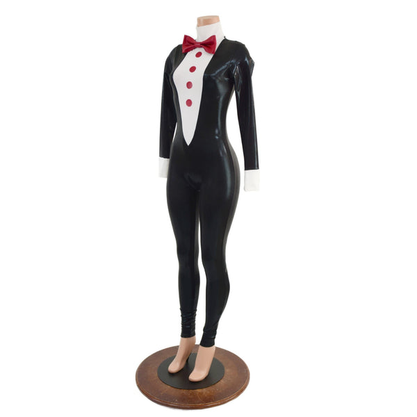 Mens or Womens Faux Tuxedo Catsuit with Red Buttons and Bow Tie - 6