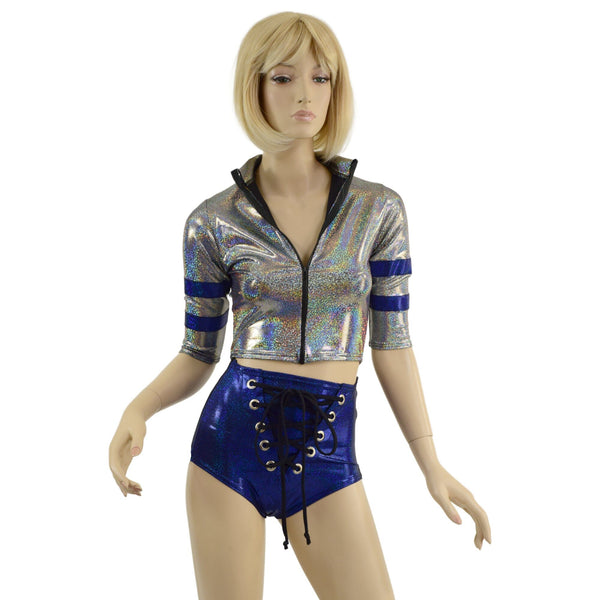 Sporty Silver and Blue Shorts and Top Set with Laceup, Stripes, and Zipper - 2