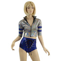 Sporty Silver and Blue Shorts and Top Set with Laceup, Stripes, and Zipper - 2