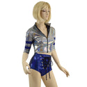 Sporty Silver and Blue Shorts and Top Set with Laceup, Stripes, and Zipper - 3