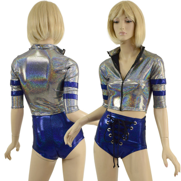Sporty Silver and Blue Shorts and Top Set with Laceup, Stripes, and Zipper - 1