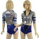 Sporty Silver and Blue Shorts and Top Set with Laceup, Stripes, and Zipper - 1
